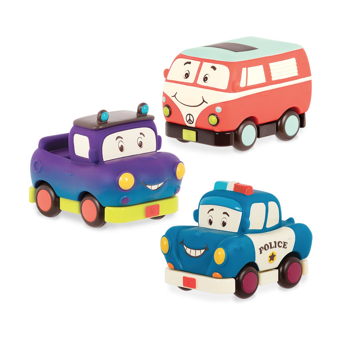Set 3 masinute moi cu propulsie B.Toys, 8x6x6.5cm, 12m+