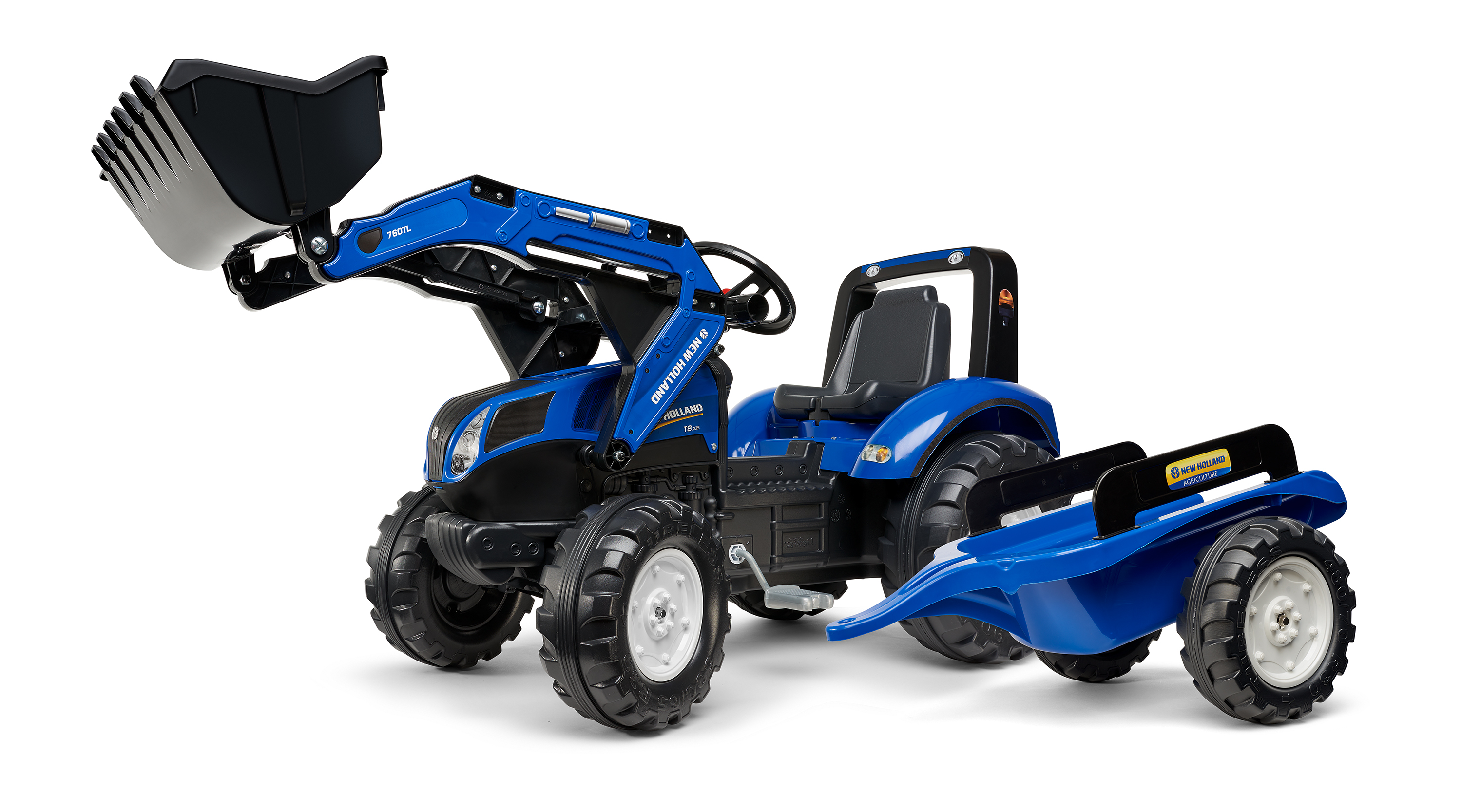 Детски багер с ремарке, кофа и педали New Holland - син