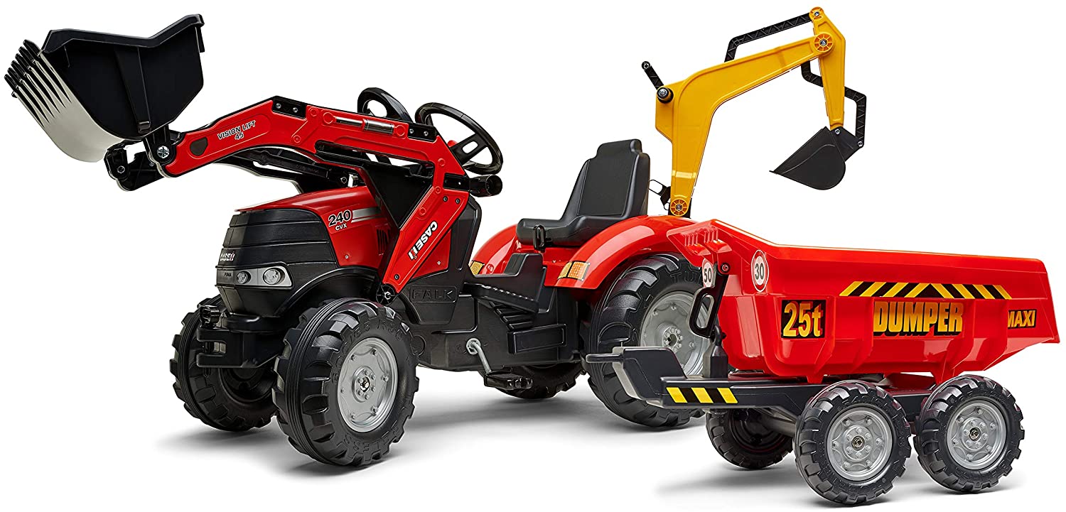 Детски багер с две гребла, ремарке и педали Case IH - червен